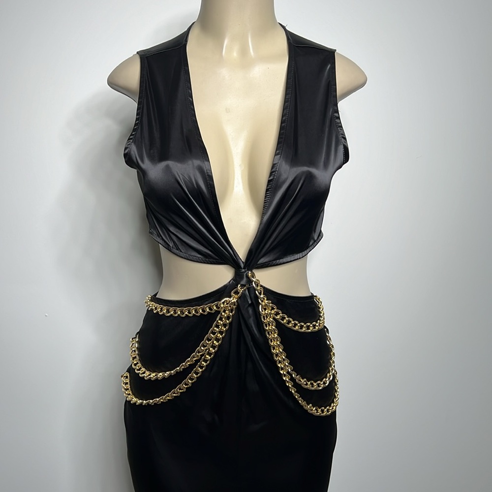 Akira Chain Me Up black satin maxi dress NWT size medium - Picture 2 of 8